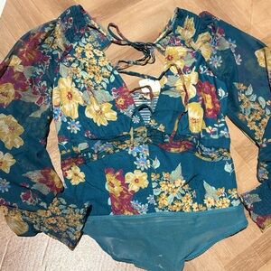FP Intimately Teal Small Long Sleeve Sheer Floral Snap Closure Bodysuit Onesie